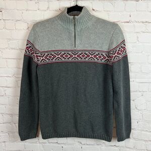 EDDIE BAUER fair isle knit cotton gray zipper mock neck sweater pullover top S